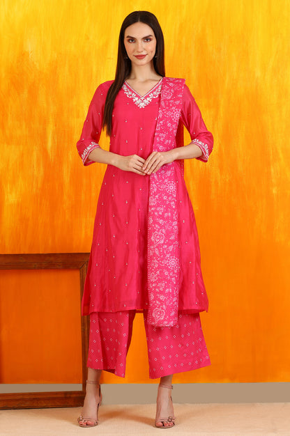 Pink Embroidered Chanderi Panelled Kurta, Cropped Pants and Dupatta Set