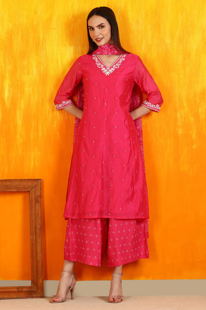 Pink Embroidered Chanderi Panelled Kurta, Cropped Pants and Dupatta Set