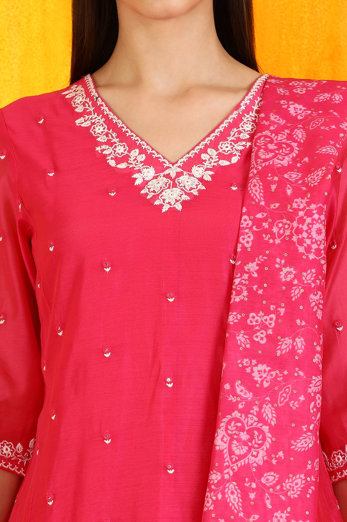 Pink Embroidered Chanderi Panelled Kurta, Cropped Pants and Dupatta Set
