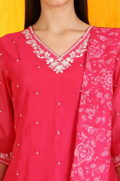Pink Embroidered Chanderi Panelled Kurta, Cropped Pants and Dupatta Set