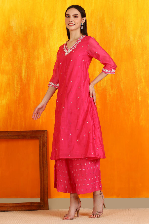 Pink Embroidered Chanderi Panelled Kurta, Cropped Pants and Dupatta Set