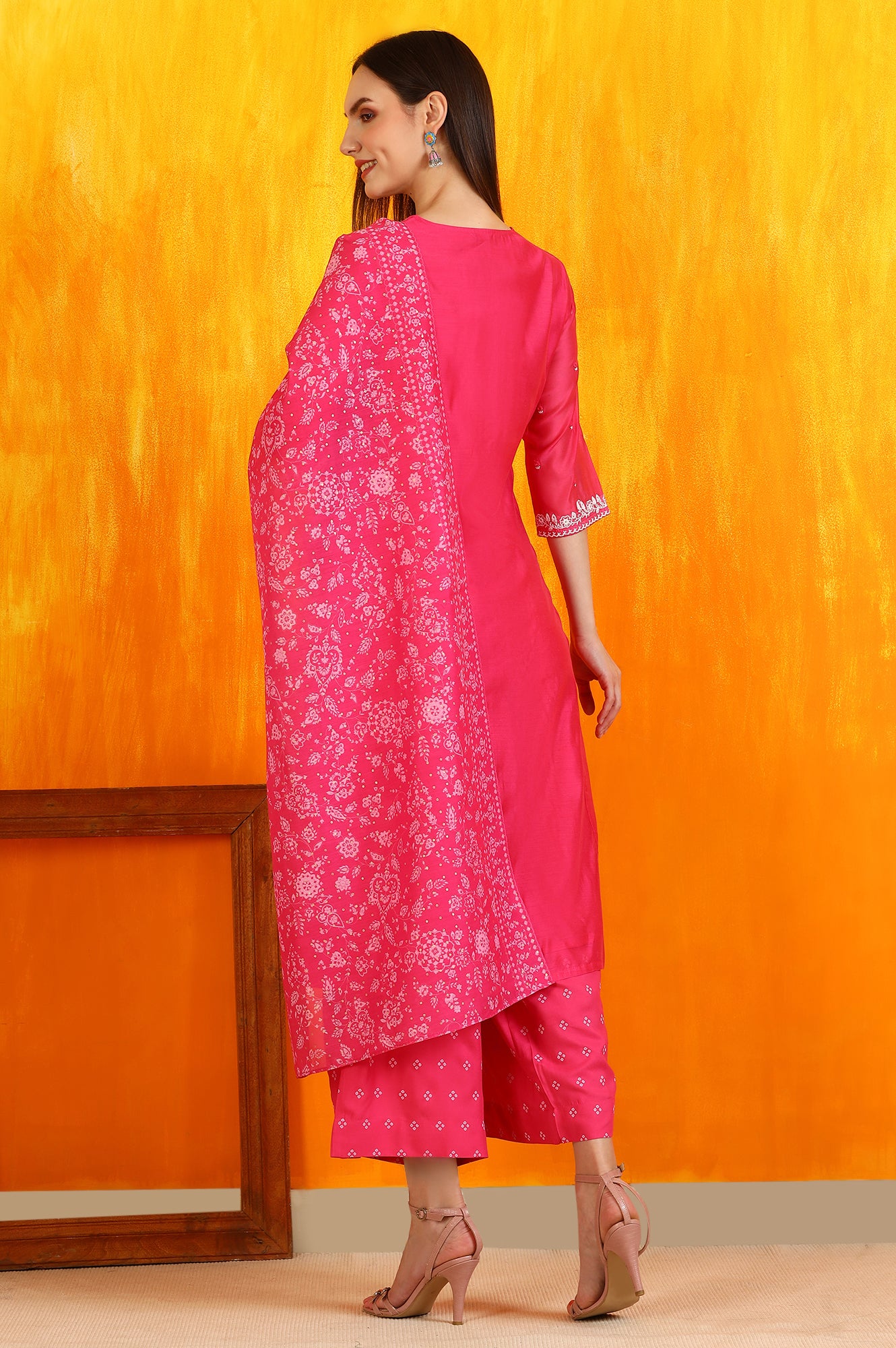 Pink Embroidered Chanderi Panelled Kurta, Cropped Pants and Dupatta Set