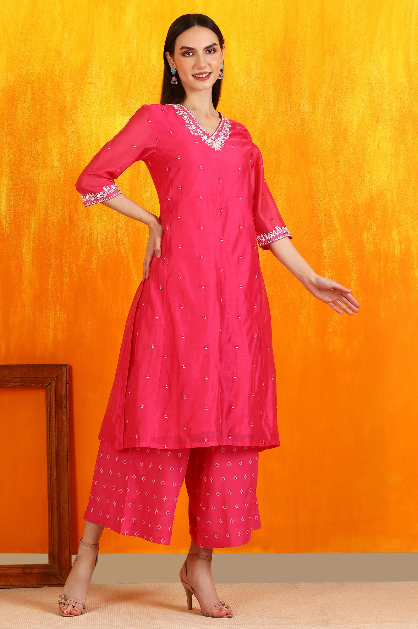 Pink Embroidered Chanderi Panelled Kurta, Cropped Pants and Dupatta Set