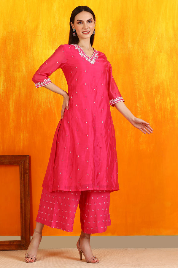 Pink Embroidered Chanderi Panelled Kurta, Cropped Pants and Dupatta Set