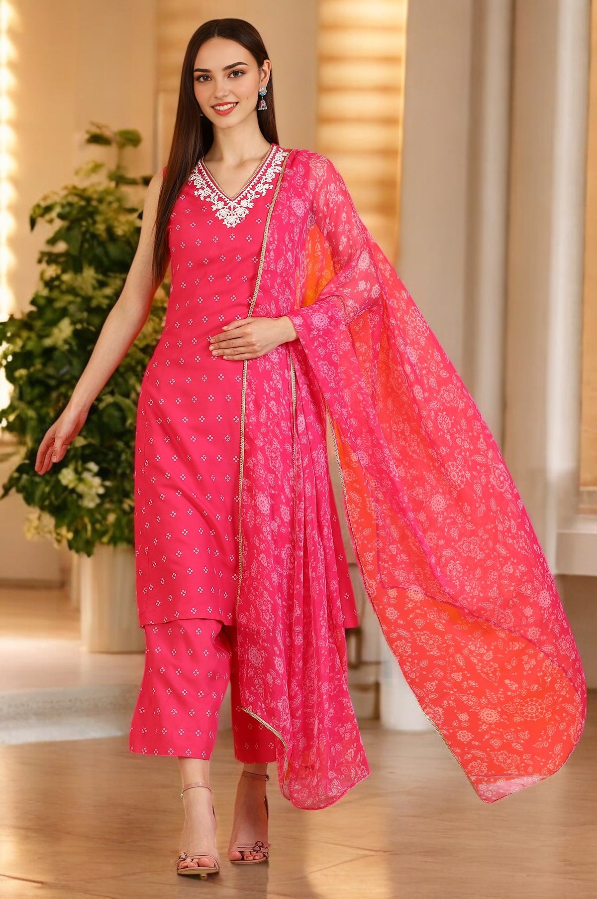 Pink Embroidered Shantung Sleeveless Kurta, Cropped Pants and Dupatta Set - XL