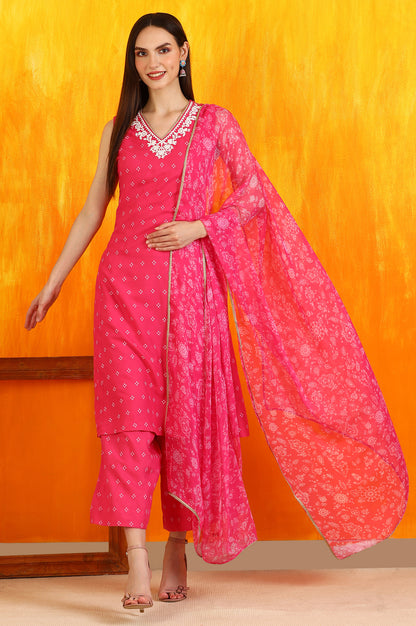 Pink Embroidered Shantung Sleeveless Kurta, Cropped Pants and Dupatta Set