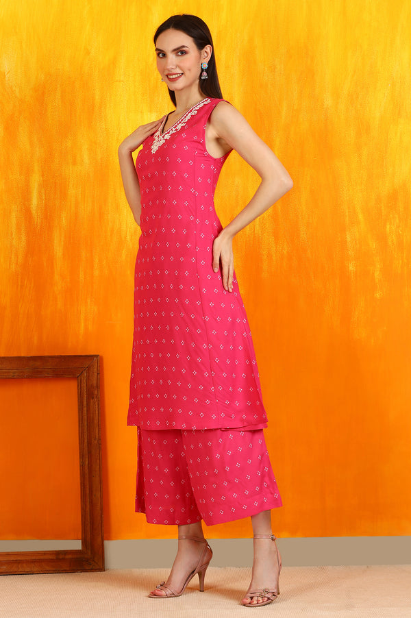 Pink Embroidered Shantung Sleeveless Kurta, Cropped Pants and Dupatta Set