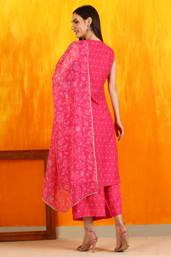 Pink Embroidered Shantung Sleeveless Kurta, Cropped Pants and Dupatta Set