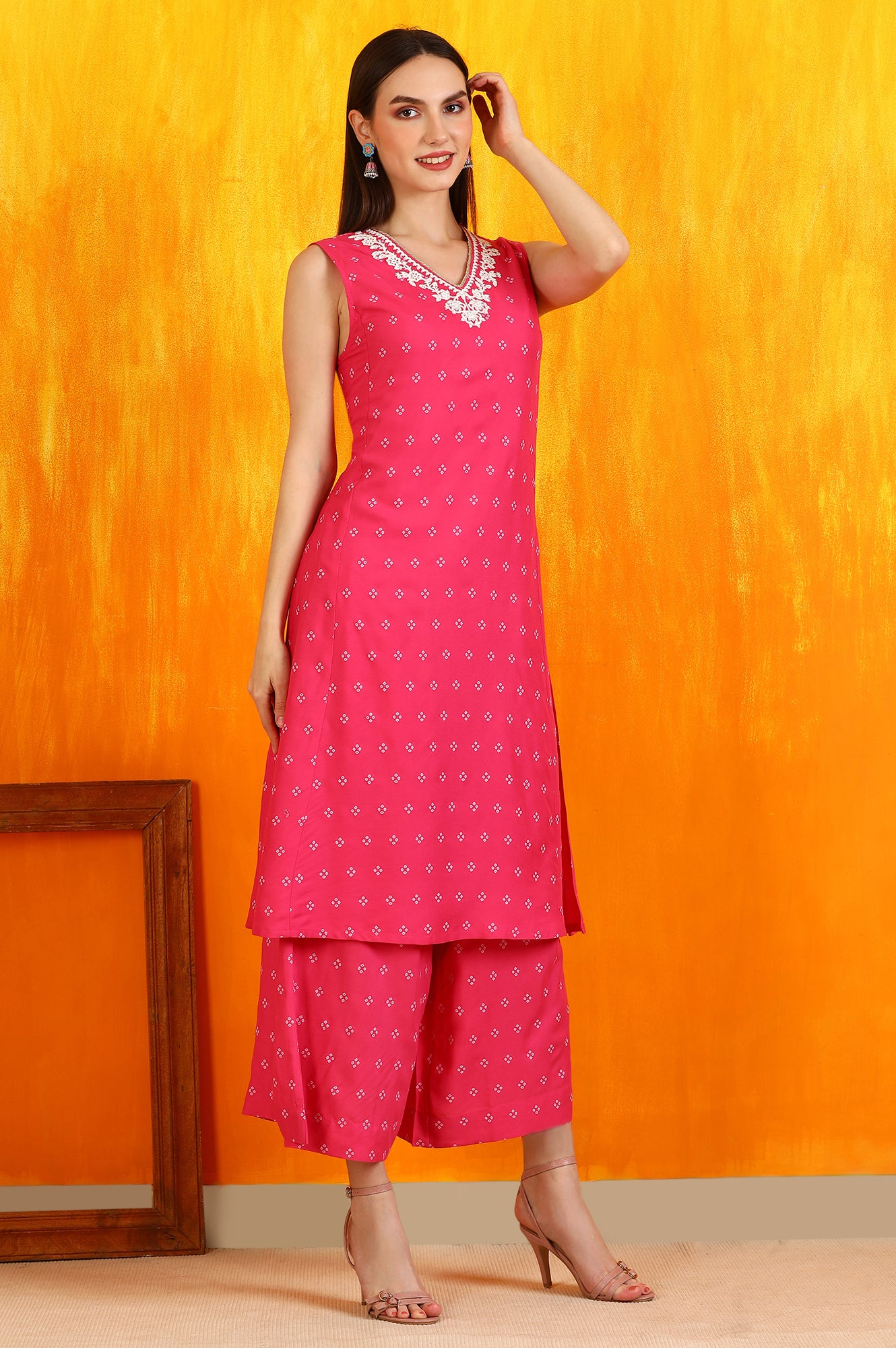 Pink Embroidered Shantung Sleeveless Kurta, Cropped Pants and Dupatta Set