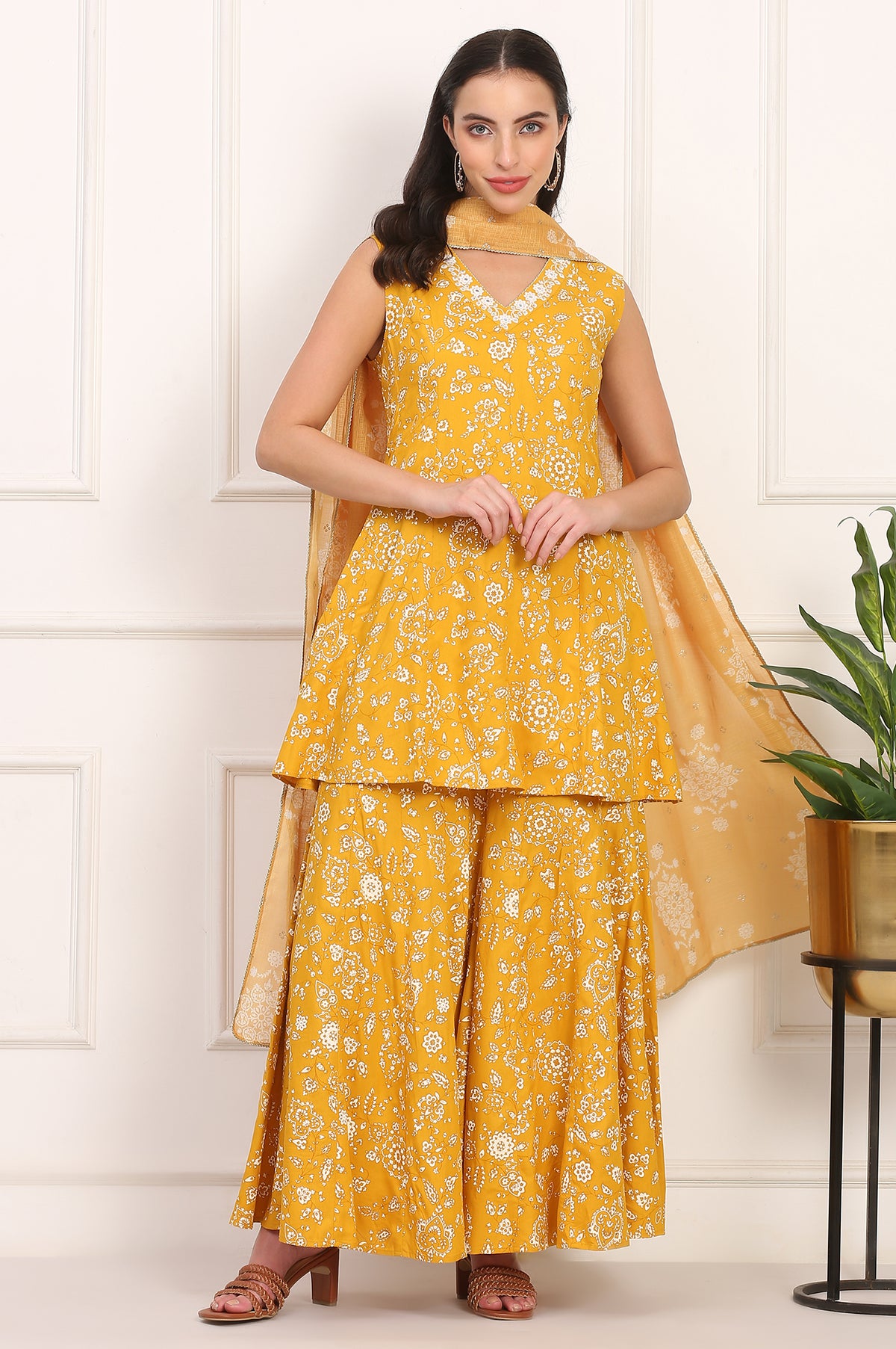 Mango Yellow Floral Printed Embroidered Neck Flared Kurta, Sharara and Dupatta Set - XS
