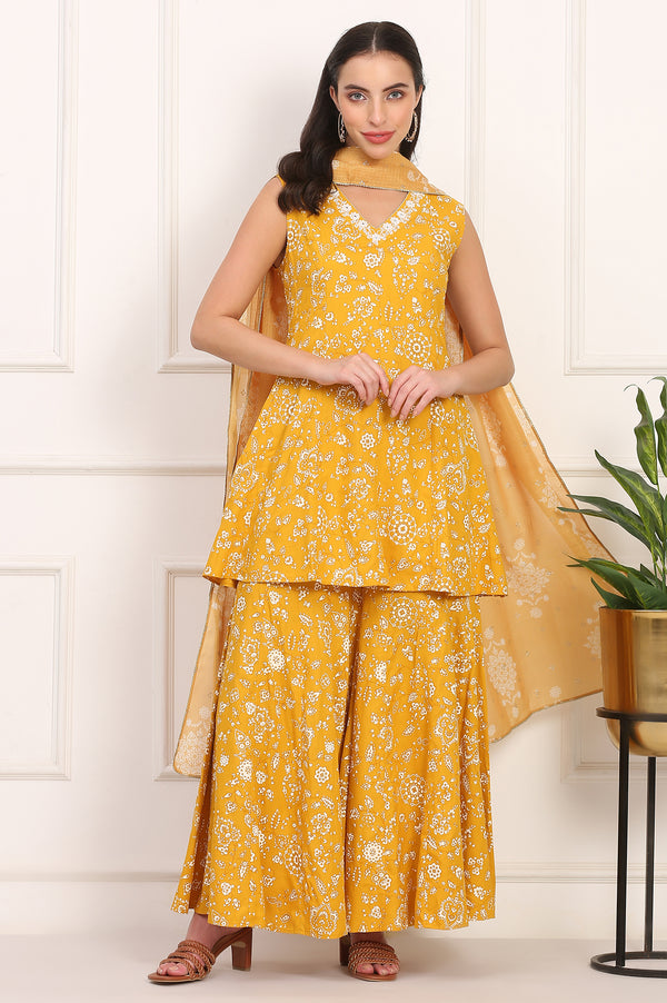 Mango Yellow Floral Printed Embroidered Neck Flared Kurta, Sharara and Dupatta Set