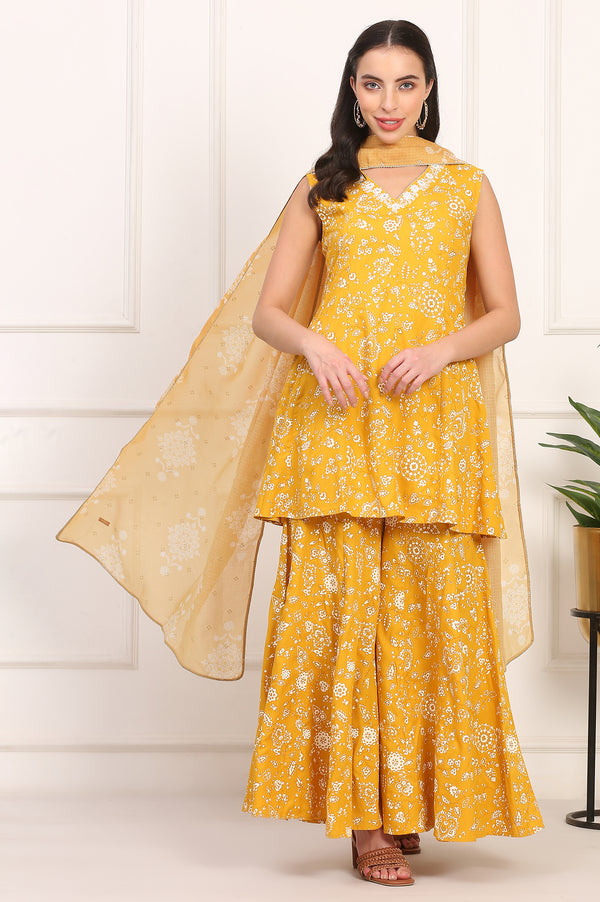 Mango Yellow Floral Printed Embroidered Neck Flared Kurta, Sharara and Dupatta Set