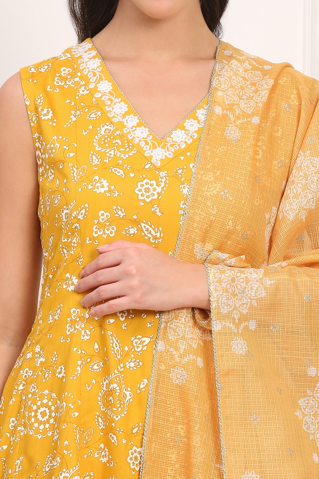 Mango Yellow Floral Printed Embroidered Neck Flared Kurta, Sharara and Dupatta Set