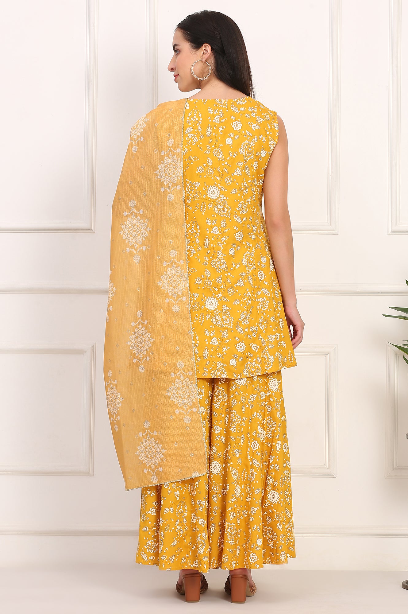 Mango Yellow Floral Printed Embroidered Neck Flared Kurta, Sharara and Dupatta Set