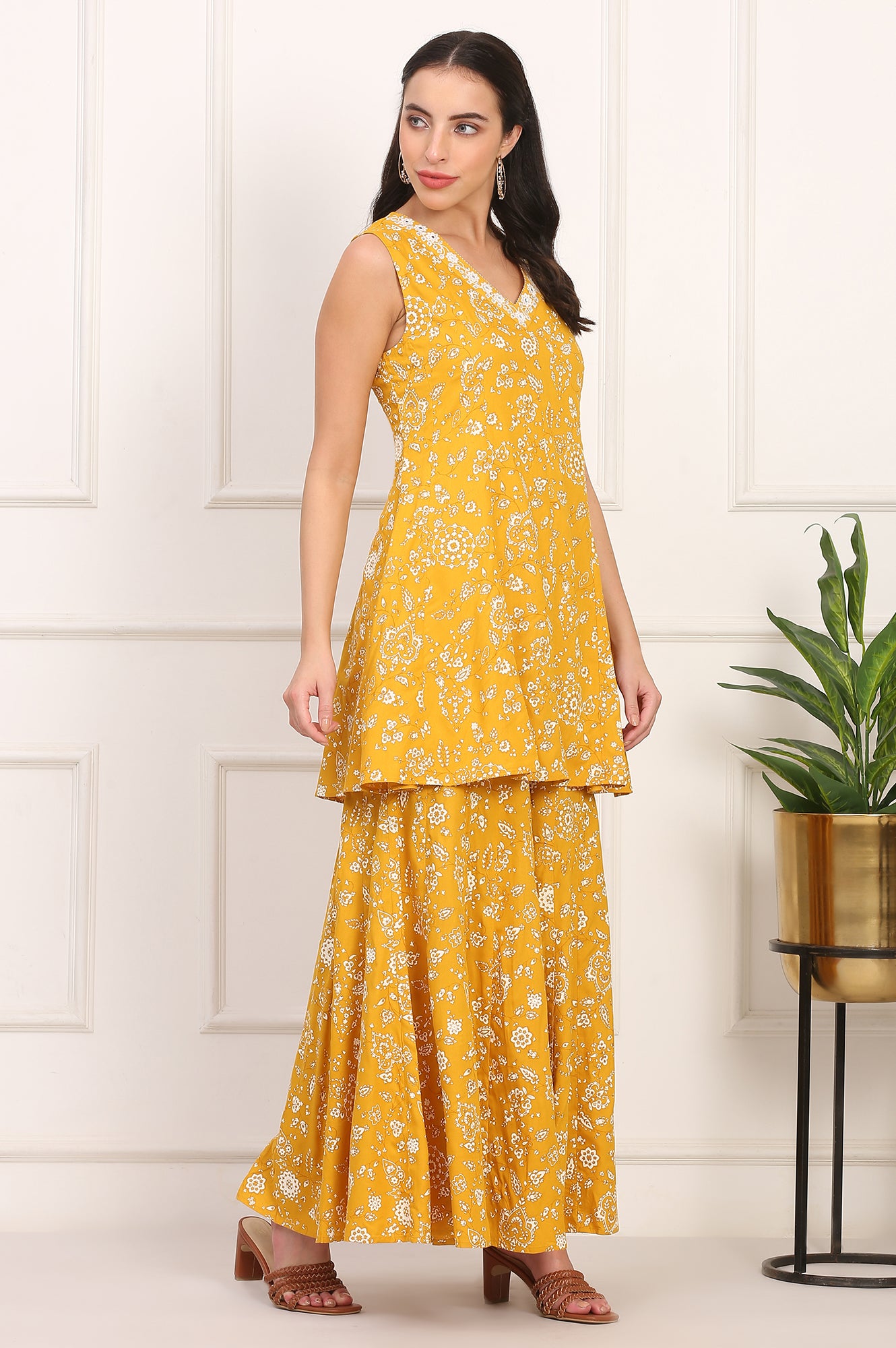 Mango Yellow Floral Printed Embroidered Neck Flared Kurta, Sharara and Dupatta Set
