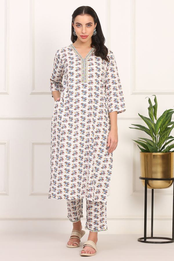 White Floral Printed Straight Pure Cotton Kurta and Straight Pant Co-ord Set