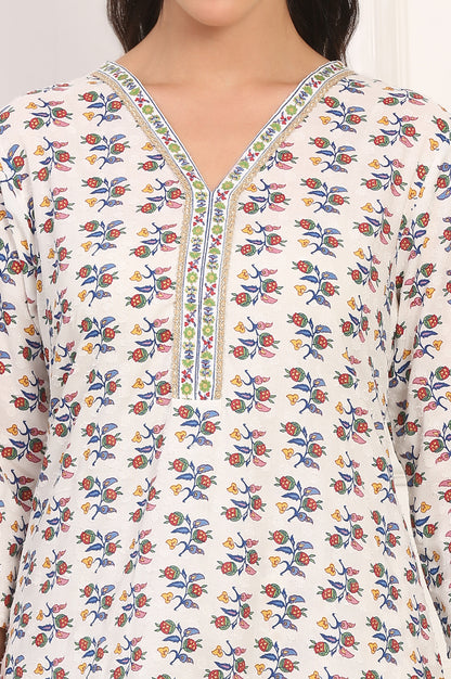 White Floral Printed Straight Pure Cotton Kurta and Straight Pant Co-ord Set