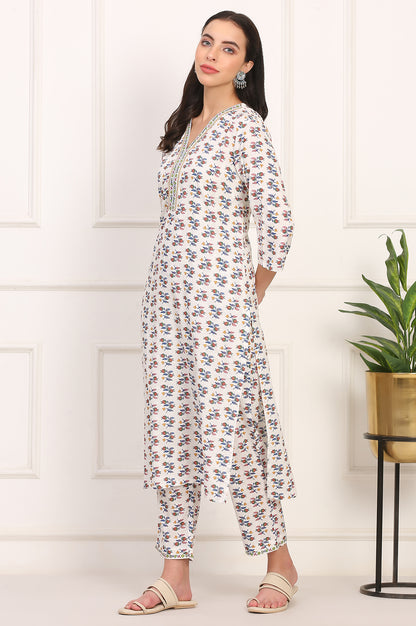 White Floral Printed Straight Pure Cotton Kurta and Straight Pant Co-ord Set