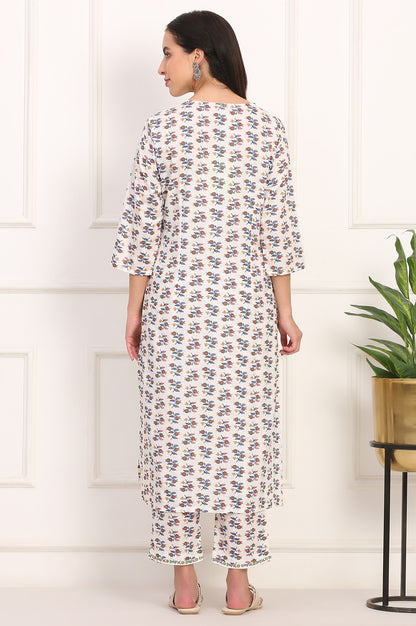 White Floral Printed Straight Pure Cotton Kurta and Straight Pant Co-ord Set