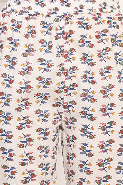 White Floral Printed Straight Pure Cotton Kurta and Straight Pant Co-ord Set