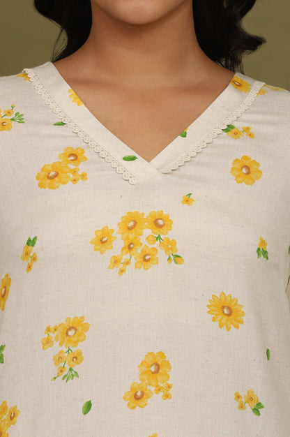 Off-White Floral Printed Rayon Flax Straight Kurta and Pants Co-ord Set