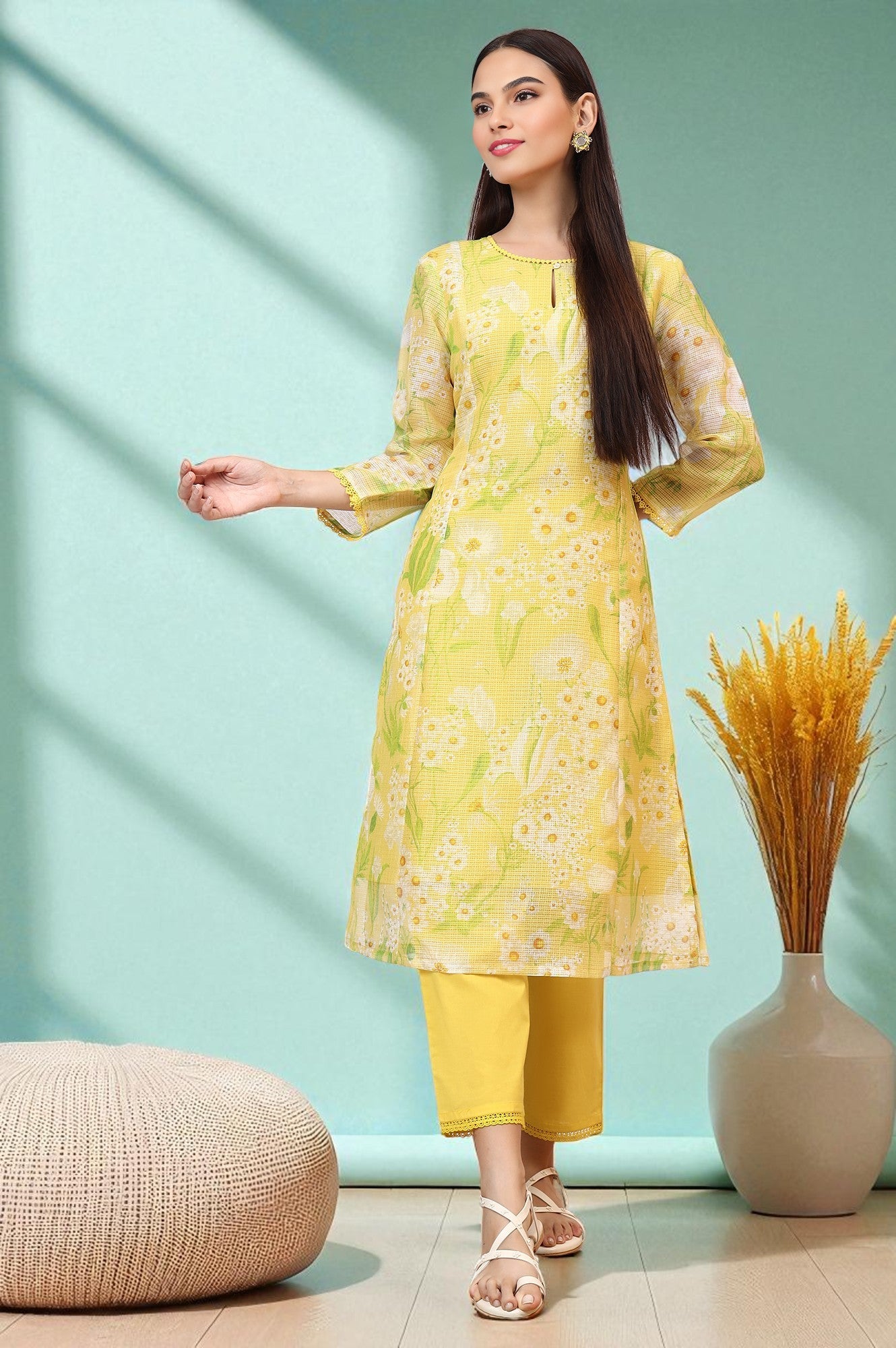 Yellow Floral Printed Straight Kota Kurta and Pants Set