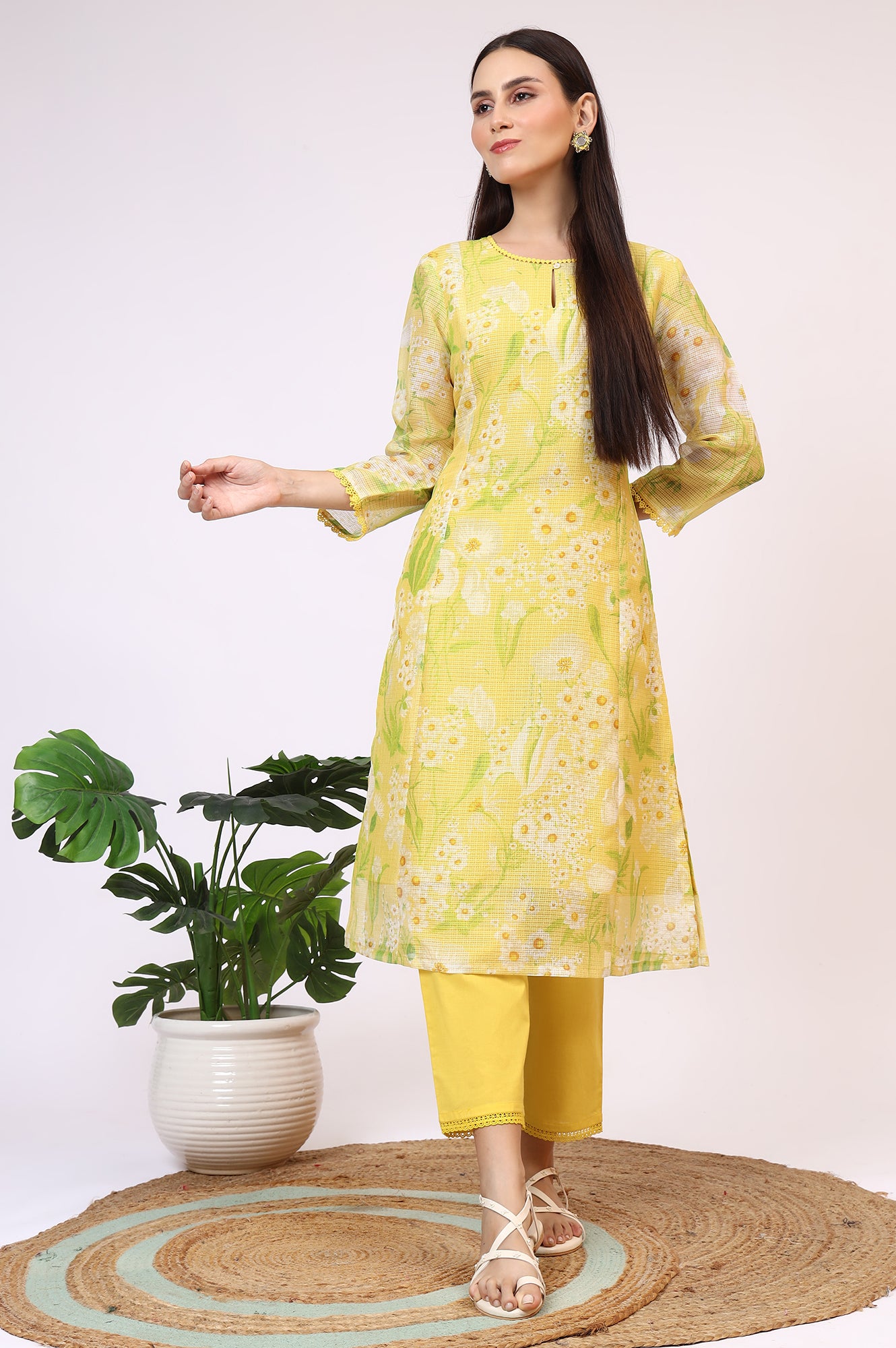Yellow Floral Printed Straight Kota Kurta and Pants Set