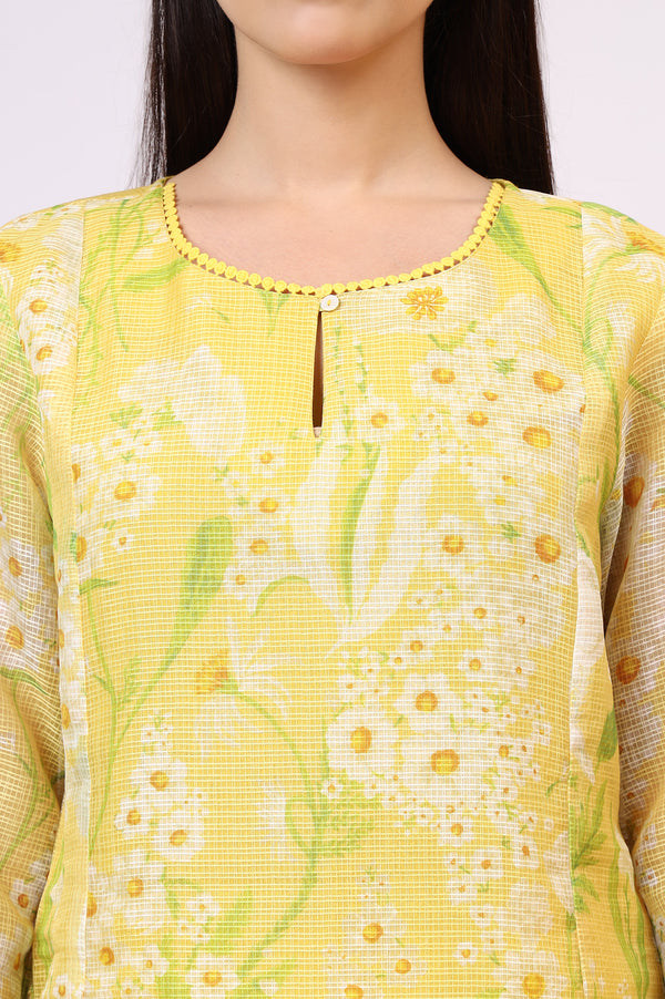 Yellow Floral Printed Straight Kota Kurta and Pants Set