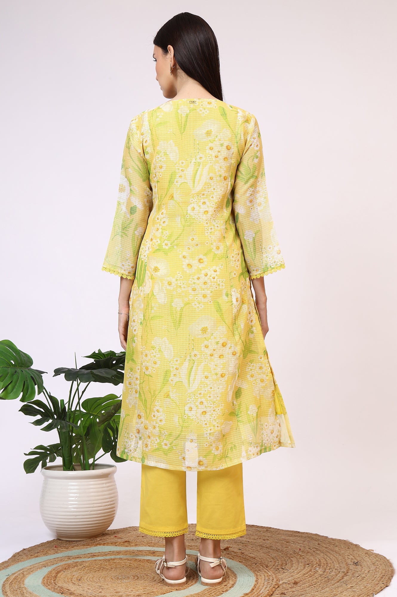 Yellow Floral Printed Straight Kota Kurta and Pants Set