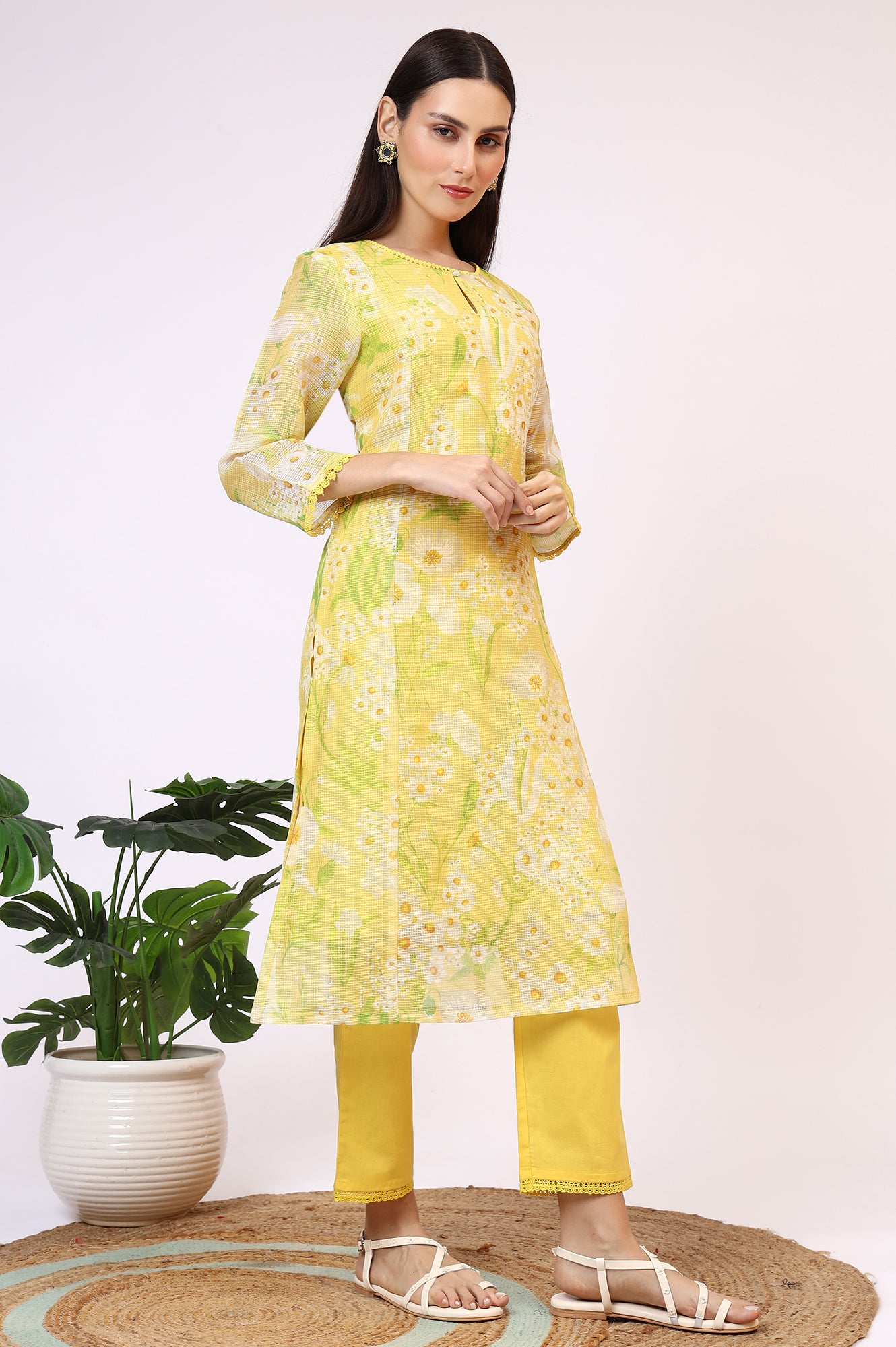 Yellow Floral Printed Straight Kota Kurta and Pants Set