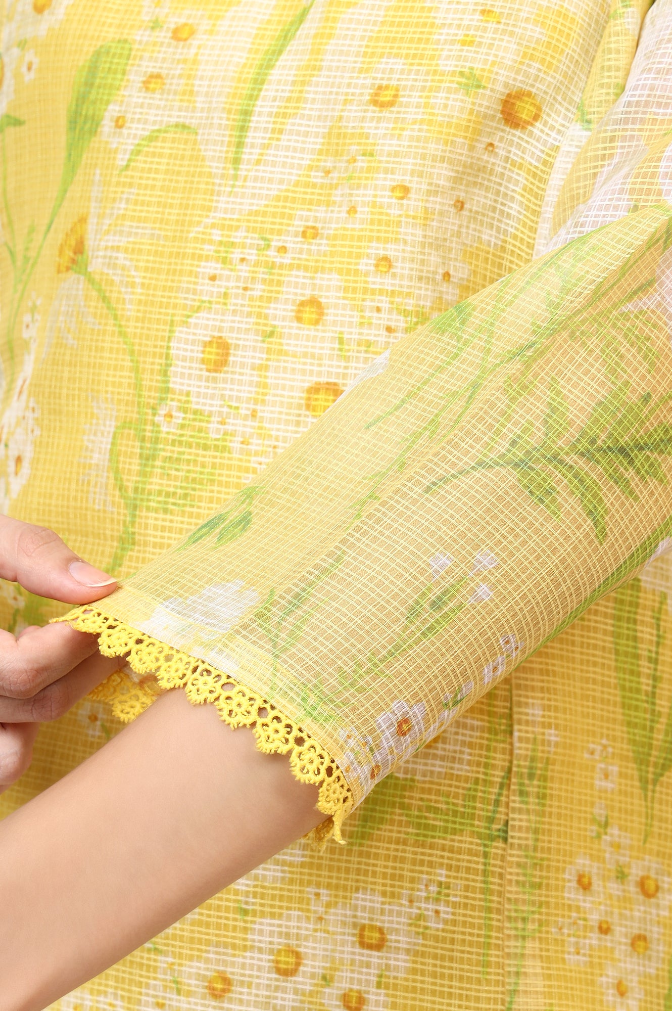 Yellow Floral Printed Straight Kota Kurta and Pants Set