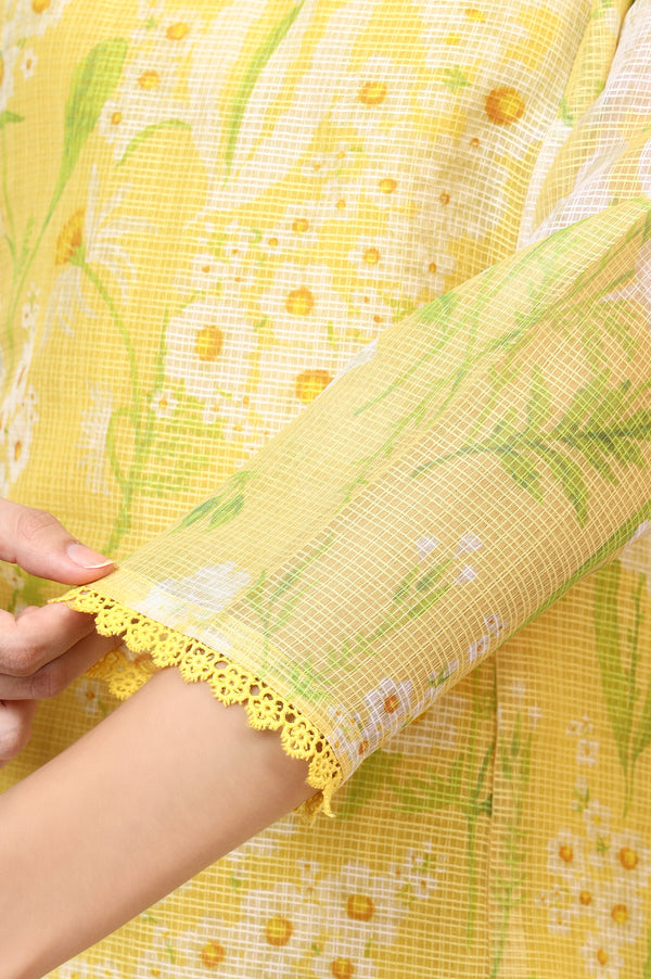 Yellow Floral Printed Straight Kota Kurta and Pants Set