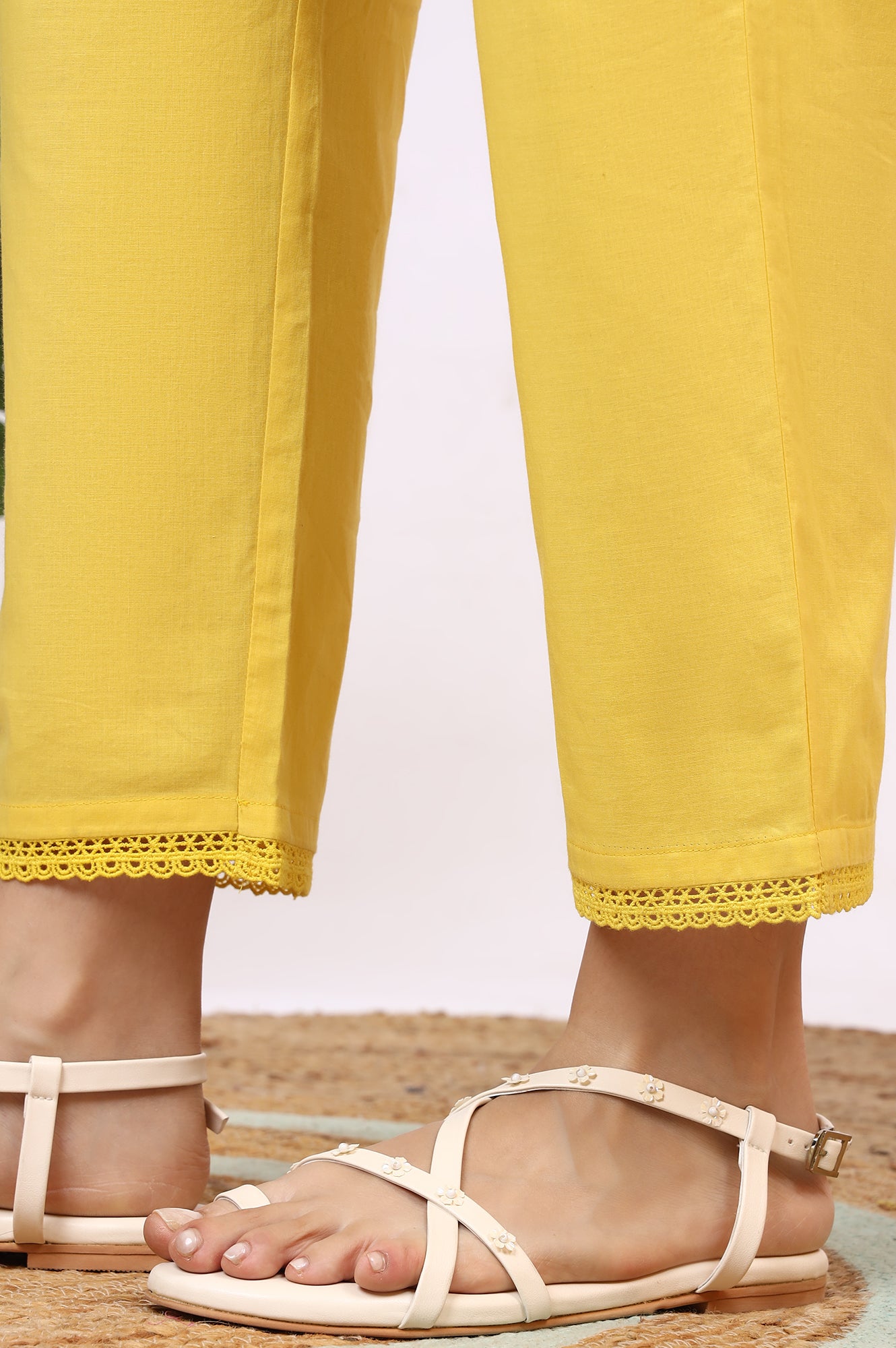 Yellow Floral Printed Straight Kota Kurta and Pants Set