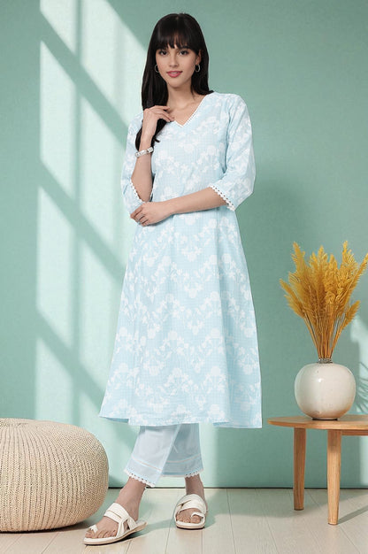 Sky Blue Floral Printed Pure Cotton Straight Kurta and Pants Co-ord Set