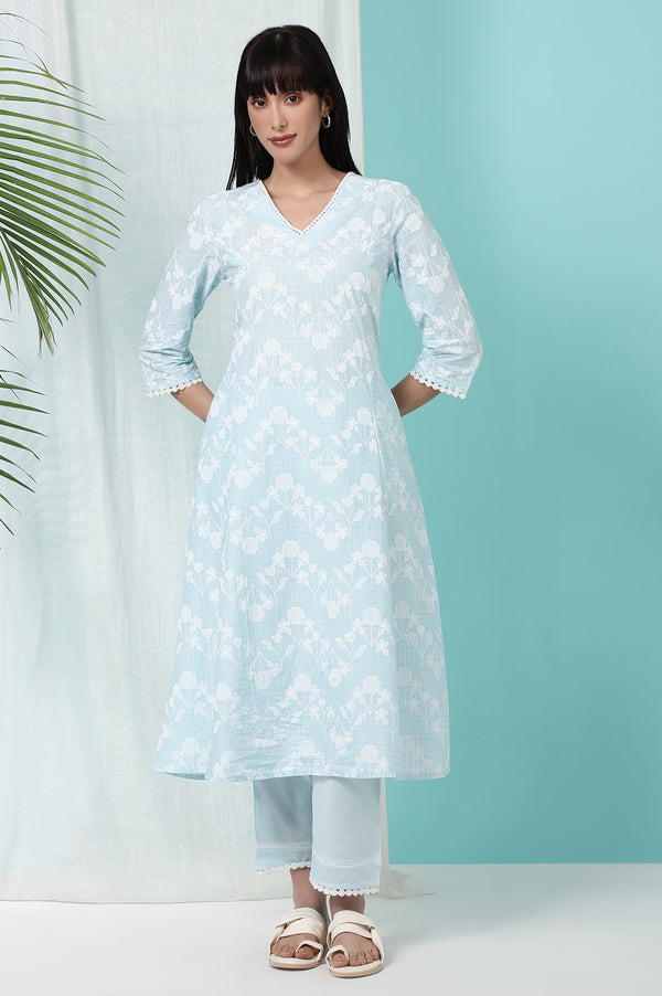 Sky Blue Floral Printed Pure Cotton Straight Kurta and Pants Co-ord Set