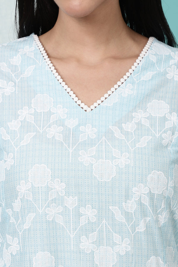 Sky Blue Floral Printed Pure Cotton Straight Kurta and Pants Co-ord Set