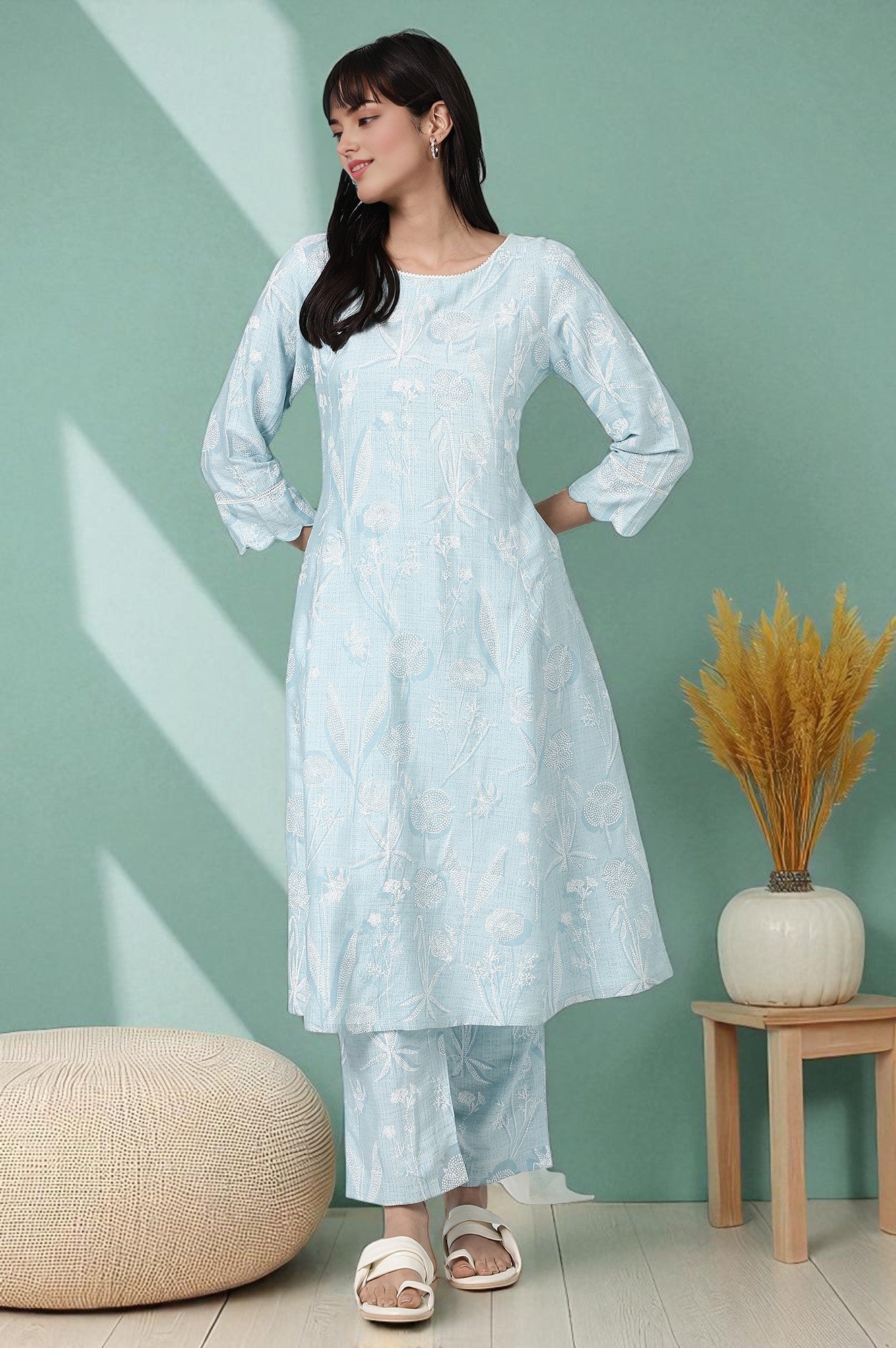 Sky Blue Floral Printed A-line Kurta and Pants Co-ord Set
