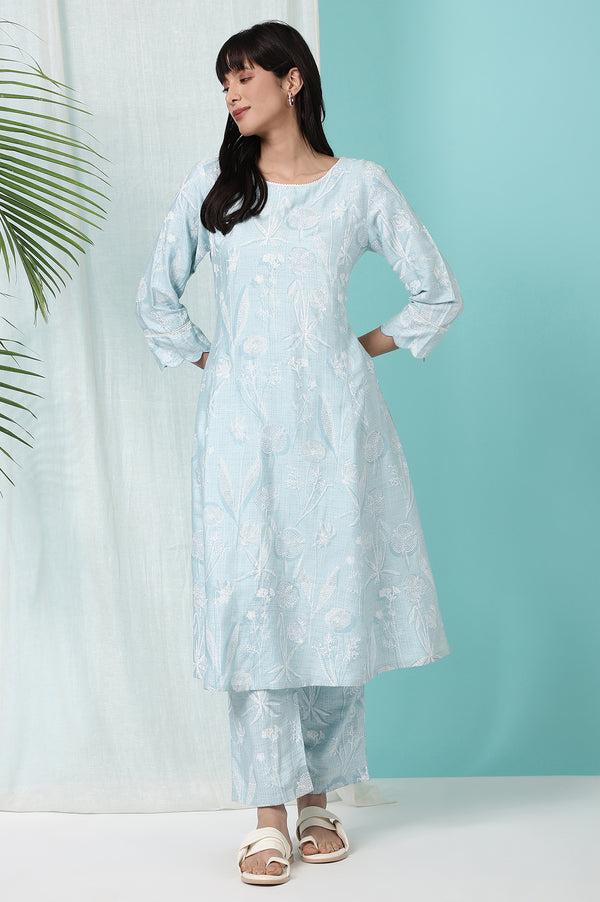 Sky Blue Floral Printed A-line Kurta and Pants Co-ord Set