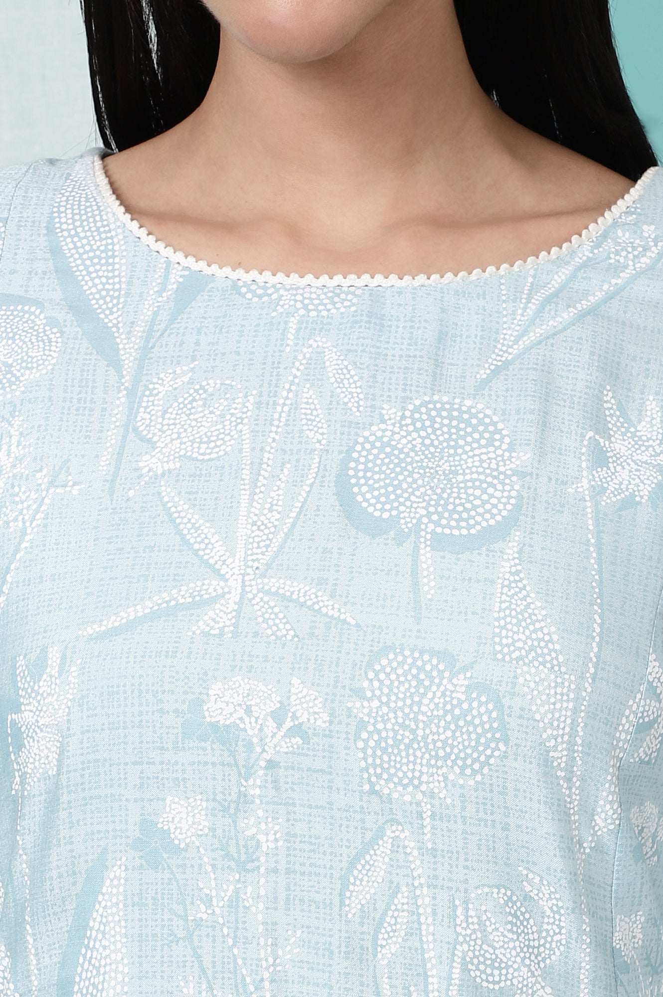 Sky Blue Floral Printed A-line Kurta and Pants Co-ord Set