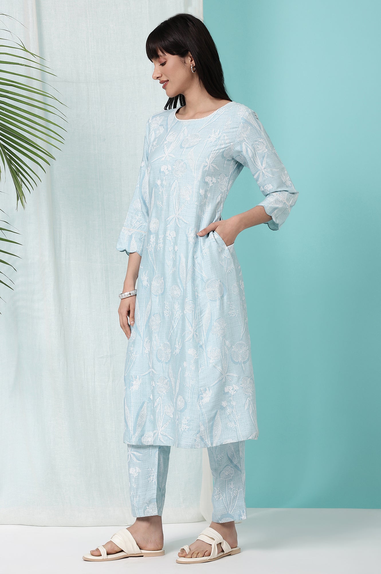 Sky Blue Floral Printed A-line Kurta and Pants Co-ord Set