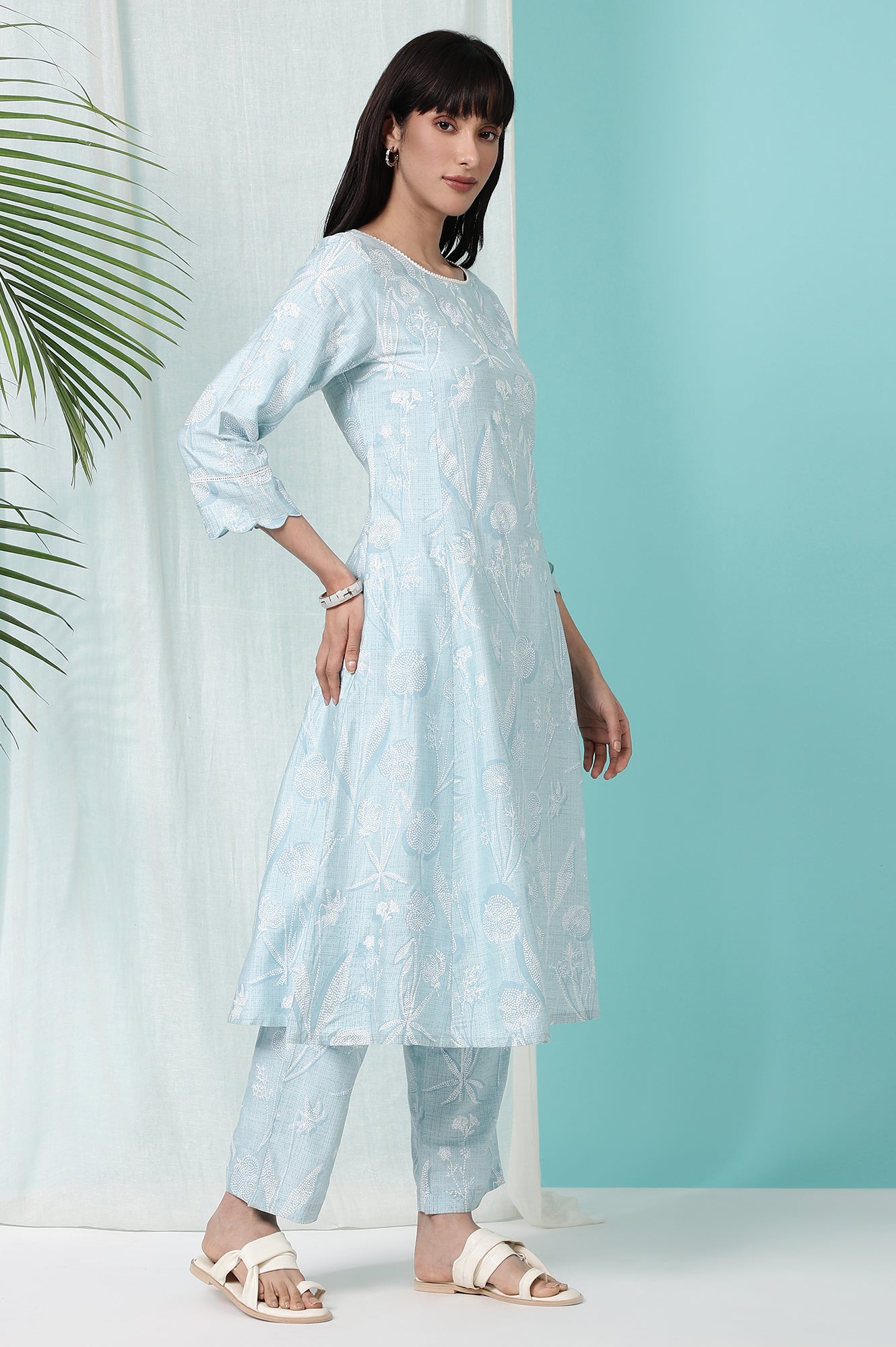 Sky Blue Floral Printed A-line Kurta and Pants Co-ord Set