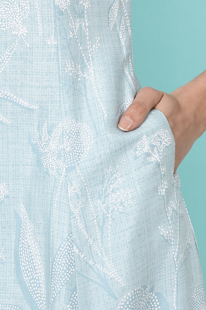 Sky Blue Floral Printed A-line Kurta and Pants Co-ord Set