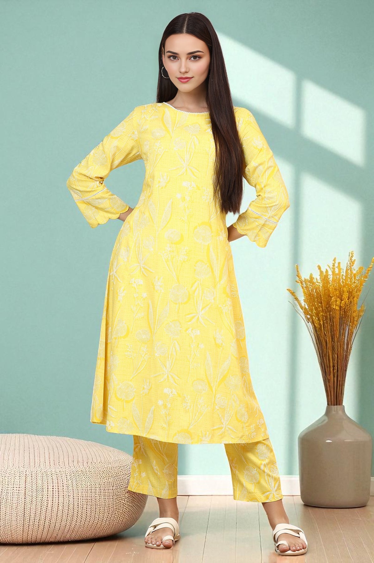 Yellow Floral Printed Rayon A-line Kurta and Pants Set - XS