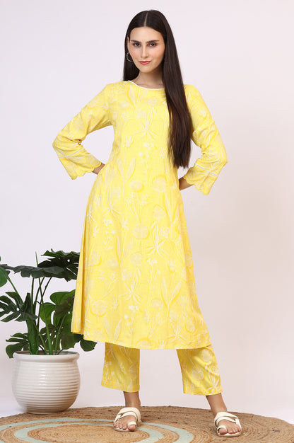 Yellow Floral Printed Rayon A-line Kurta and Pants Set