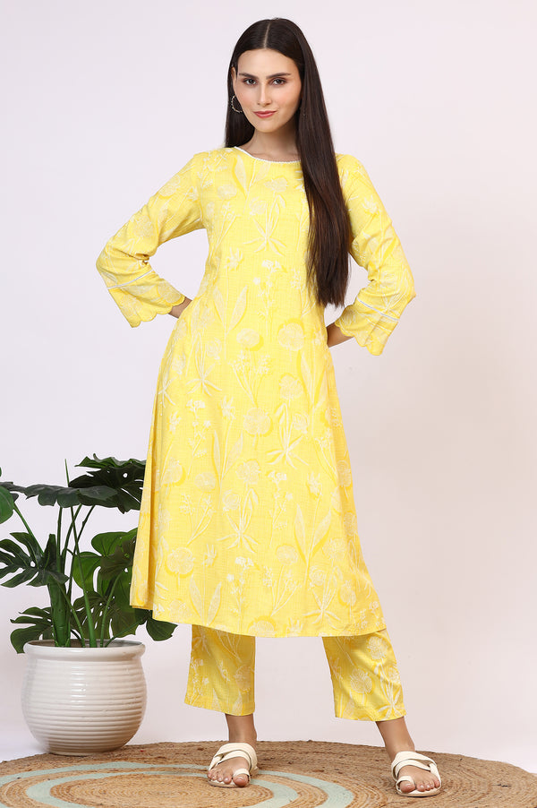 Yellow Floral Printed Rayon A-line Kurta and Pants Set