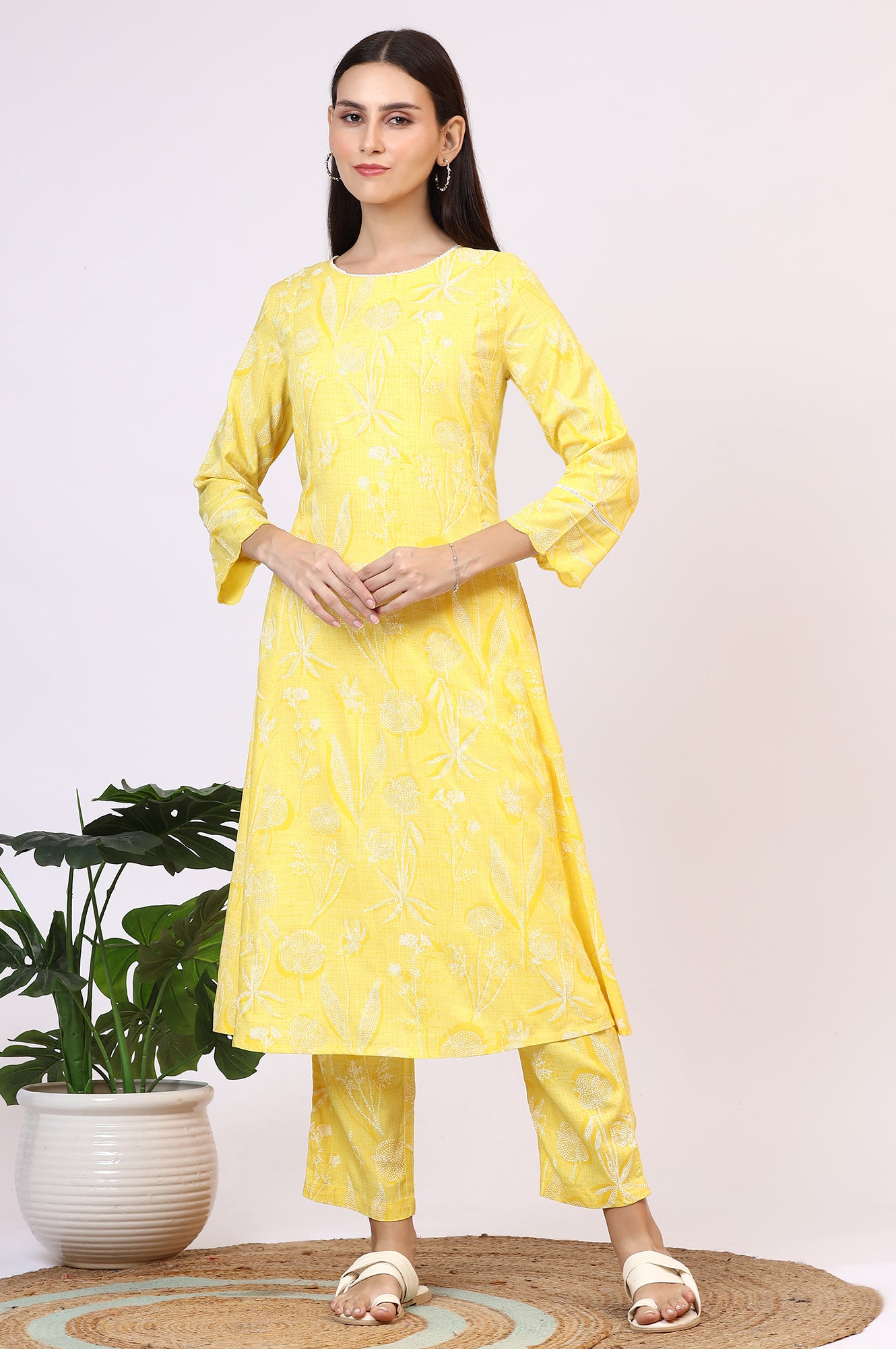 Yellow Floral Printed Rayon A-line Kurta and Pants Set