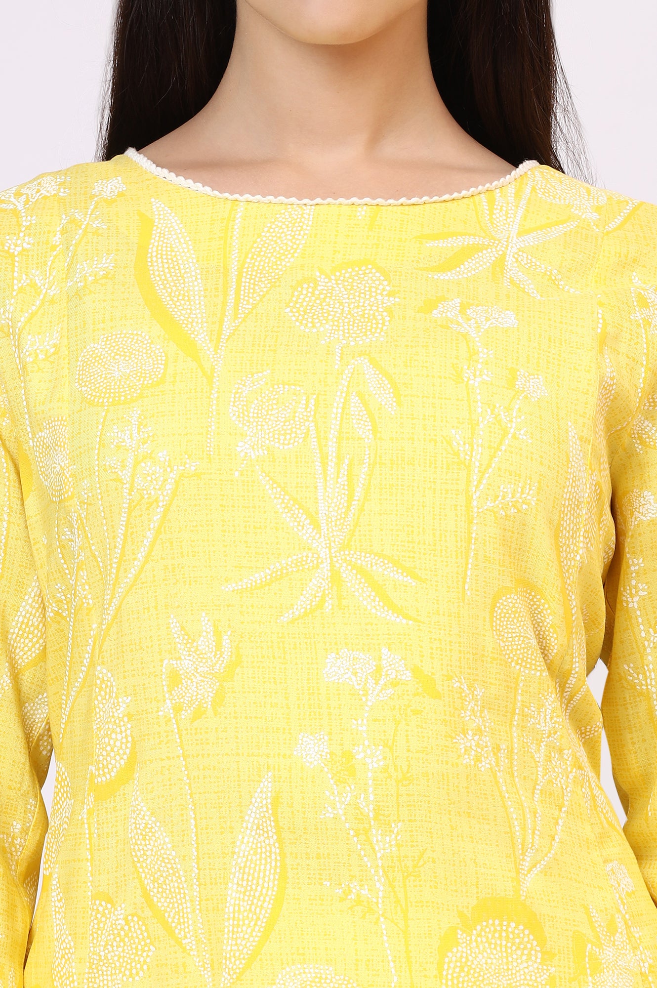 Yellow Floral Printed Rayon A-line Kurta and Pants Set