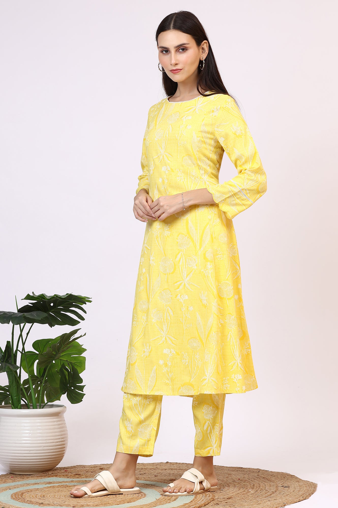 Yellow Floral Printed Rayon A-line Kurta and Pants Set