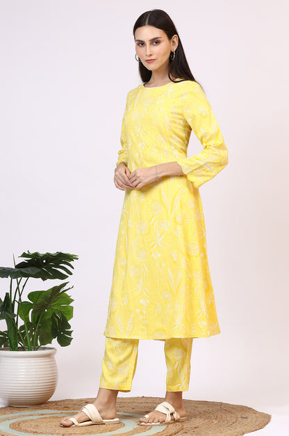 Yellow Floral Printed Rayon A-line Kurta and Pants Set