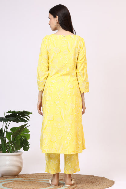 Yellow Floral Printed Rayon A-line Kurta and Pants Set